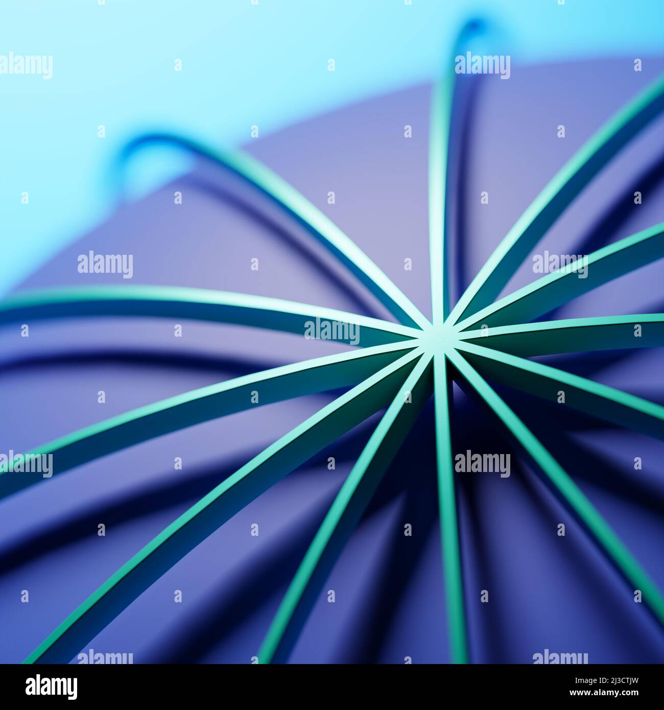 Abstrakter Globus und globales Kommunikationskonzept. Türkisgrüne Ringe um eine blaue Kugel. Geringe Schärfentiefe Stockfoto