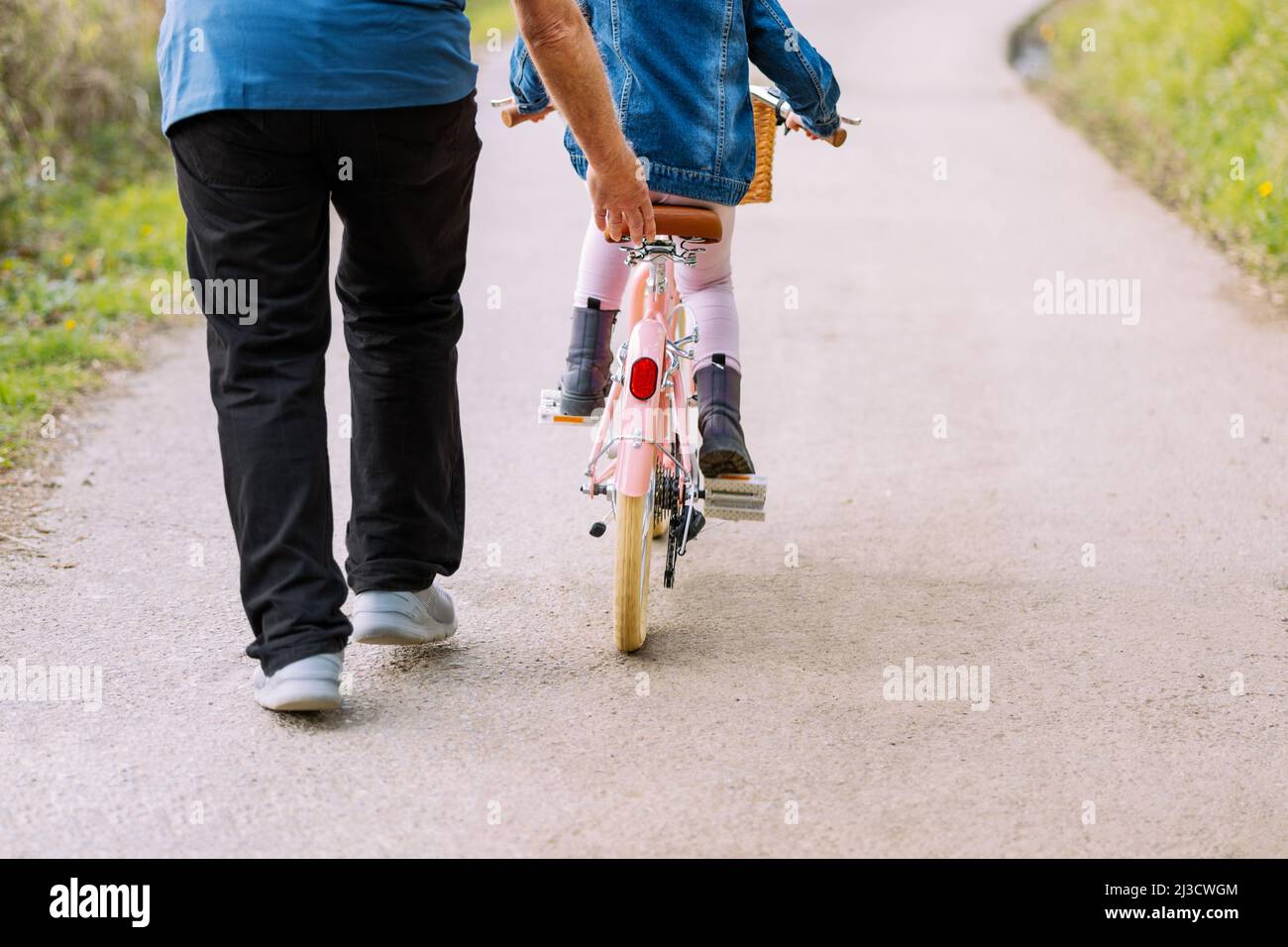 Rückansicht des unkenntlich fürsorglichen Großvaters, der aktiven Enkelin beim Fahrradfahren mit Korb auf der Straße auf dem Land mit grünen Bäumen auf dem Summ hilft Stockfoto