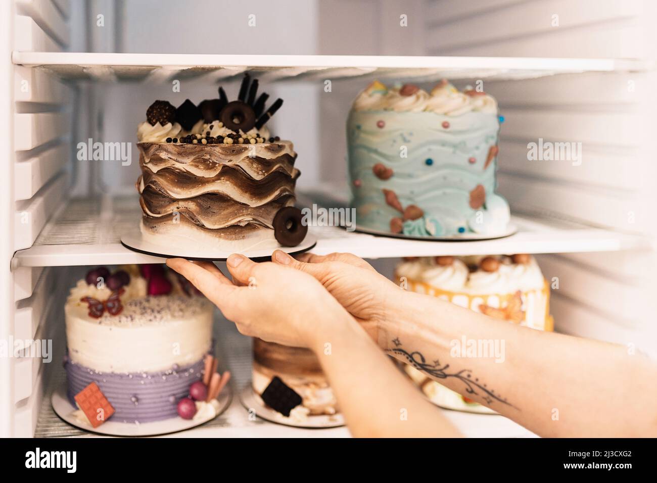 Nicht erkennbare Frau, die während der Arbeit in der Bäckerei frischen, leckeren Kuchen mit kreativen Dekorationen in den Kühlschrank legt Stockfoto