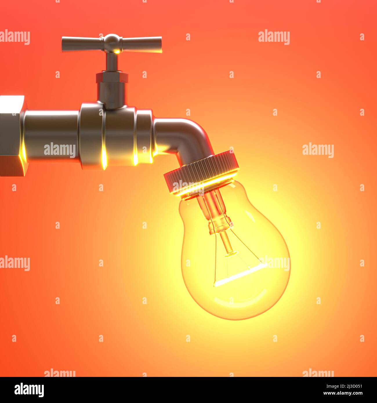 Wasserhahn mit Glühbirne eingeschaltet. Konzept der Energie und Ressourcen. 3D Rendern Stockfoto
