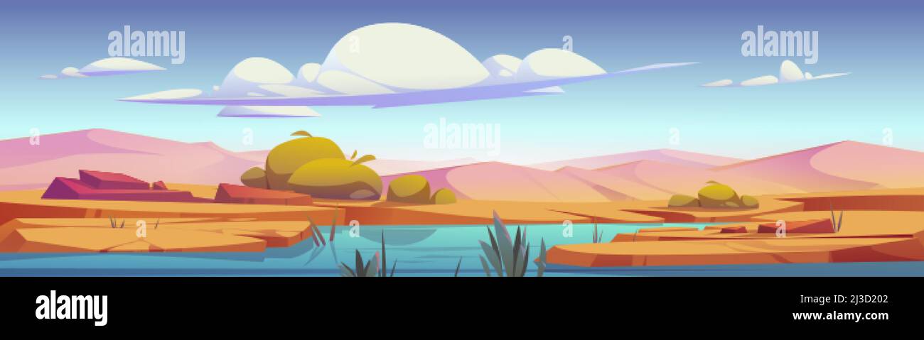 Wüstenoase mit Fluss, Sanddünen und Pflanzen Cartoon-Landschaft. Vektor Parallax Hintergrund für Spiel mit sandigen Hügeln, Steinen und Teich unter cl Stock Vektor