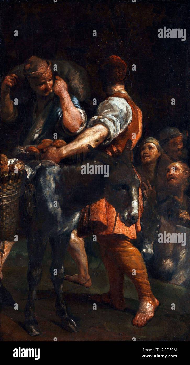Giuseppe Crespi. Bauern mit Eseln des italienischen Spätbarock-Künstlers Giuseppe Maria Crespi (1665-1747), Öl auf Leinwand, um 1710-15 Stockfoto