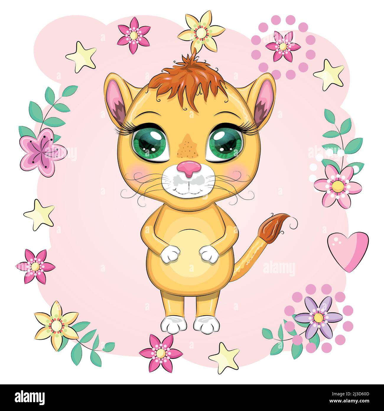 Cartoon-Löwin mit ausdrucksstarken Augen. Wilde Tiere, Charakter, kindisch niedlichen Stil Stock Vektor
