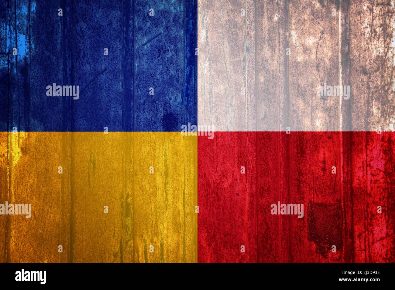 Polen und die Ukraine zwei Flaggen zusammen. Polen Ukraine Beziehungen Allianz und Handel, Reisen, Tourismus concep. Polen hilft der Ukraine im Krieg. Stoppen Sie das Kriegskonzept. Stockfoto