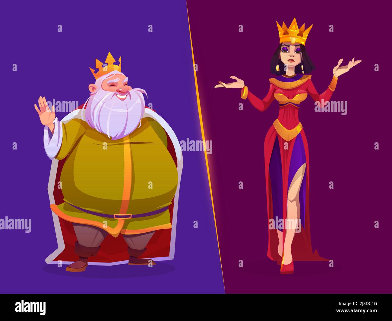 König und Königin mittelalterlichen königlichen Familie Zeichen. Monarchie Ehemann und Ehefrau in Goldkronen und Luxus-Dressing, Märchenreich Persönlichkeiten, Spiel oder h Stock Vektor