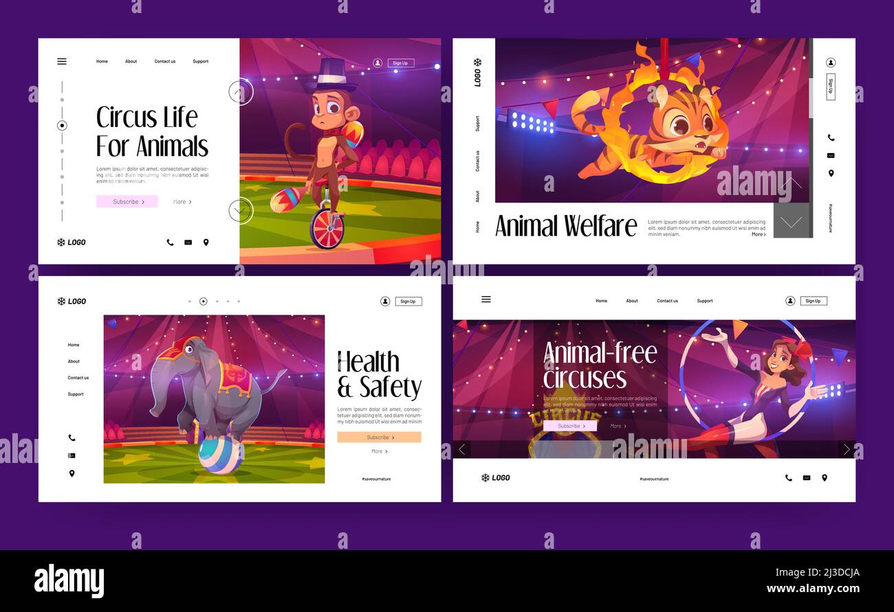 Circus zeigen Cartoon-Landing-Pages, Tiere und Menschen Künstler auf der großen Zeltarena. Karnevalsunterhaltung mit Elefanten, Tigern, Affen und Aerialisten Stock Vektor