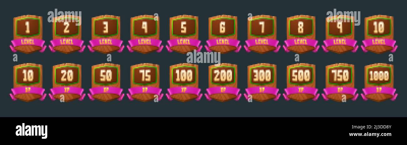 Satz von UI-Symbolen auf Spielebene, hölzernen Schilden mit Banner und isolierten App-Buttons mit xp-Rate, Grafikelementen mit Auszeichnung oder Bonus, Belohnung, Trophäenachie Stock Vektor