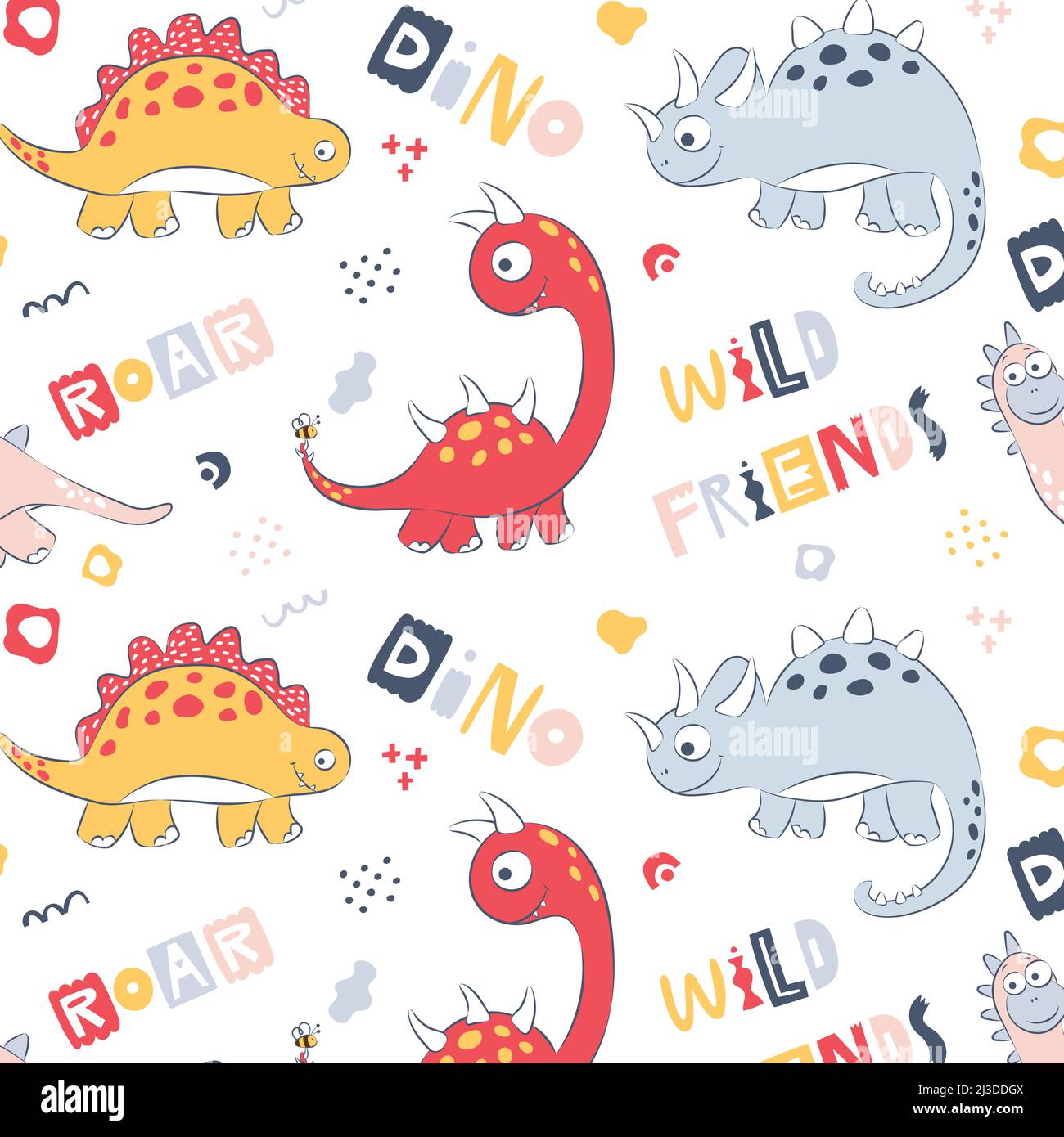 Kindliche Dinosaurier nahtlose Muster für Mode Kleidung, Stoff, T-Shirts. Handgezeichnete Vektor mit Schriftzug. Stock Vektor