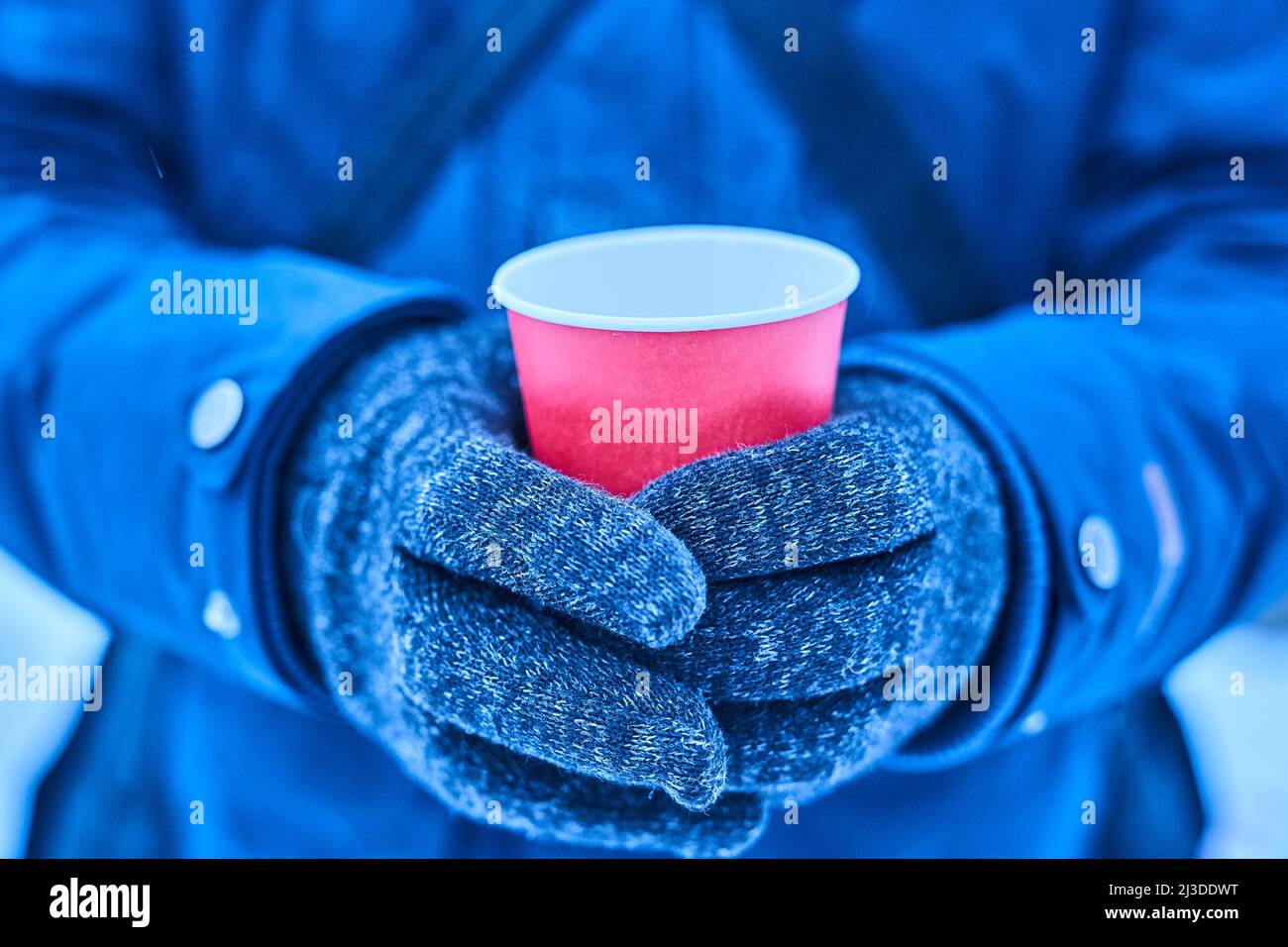 Becher in der Hand im Winter mit einem heißen Getränk, Modell für Ihren Text, Winterspaziergang mit heißem Tee in Handschuhen, roter Papierbecher eco auf blauem Hintergrund. Hochwertige Fotos Stockfoto