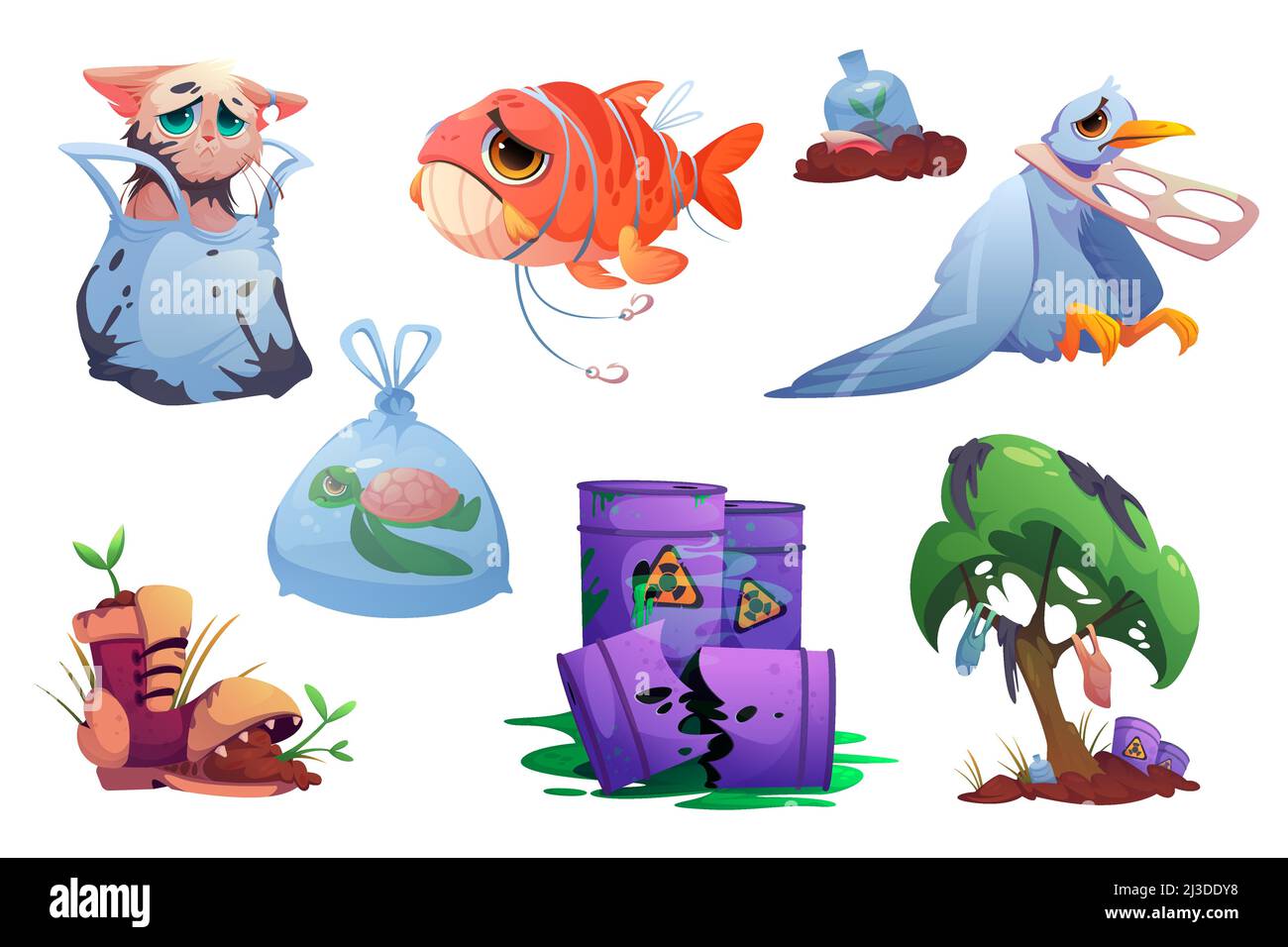 Symbole zur Umweltverschmutzung mit Plastikmüll, giftigen Abfällen und armen Tieren. Vektor-Cartoon-Illustration der verschmutzten Natur, Fässer mit Radioacti Stock Vektor
