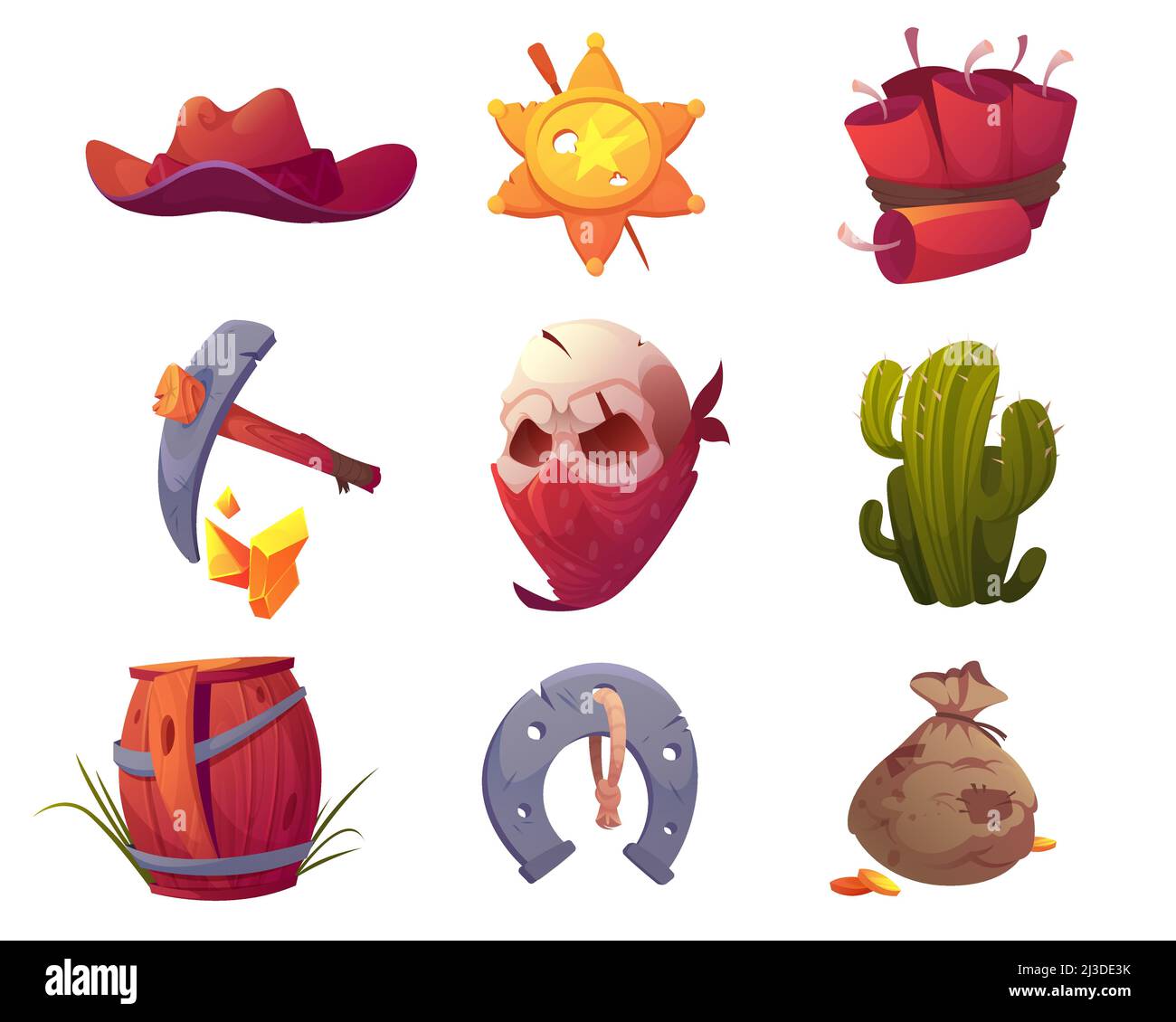 Set aus Wild West Ikonen Cowboy Hut, Sheriff Stern Label, Dynamit und Pickel, Schädel in Maske, Kaktus und gebrochenem Holzfass, Hufeisen auf Seil und Sack Stock Vektor