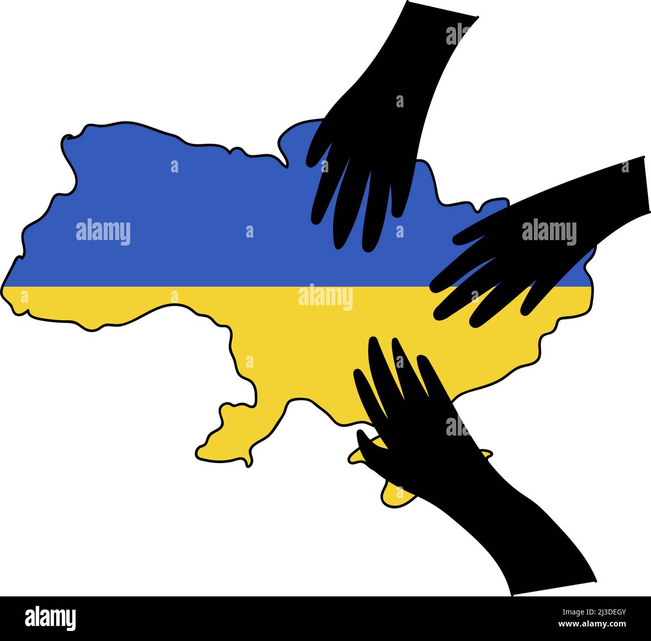 Stop war in Ukraine Konzept Vektor-Illustration. Russische Hände auf ukrainischer Landkarte. Abbildung der ukrainischen Flagge. Rette die Ukraine vor Russland. Stock Vektor