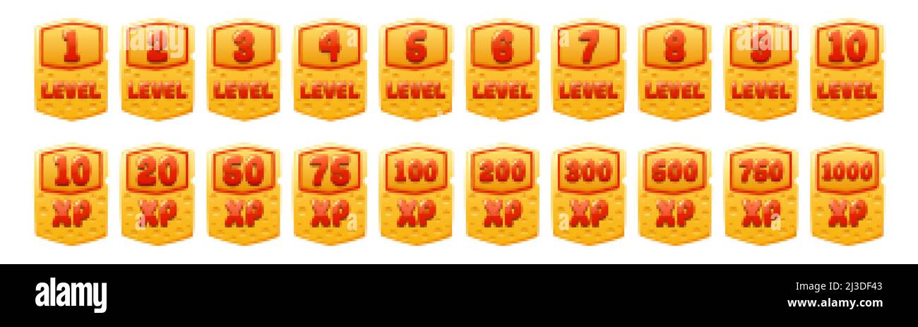 Set von Käse Spiel-Ebene ui-Symbole, Score Experience Banner und xp-Rate isoliert App-Schaltflächen, Auszeichnung oder Bonus Grafik-Design-Elemente, Belohnung, Trophäe A Stock Vektor