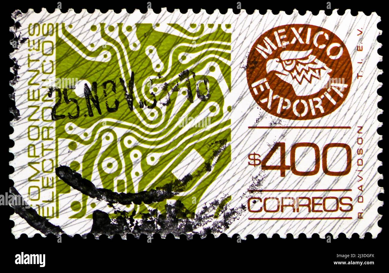 MOSKAU, RUSSLAND - 26. MÄRZ 2022: In Mexiko gedruckte Briefmarke zeigt Circuit Board, Mexico Exports Serie, um 1979 Stockfoto