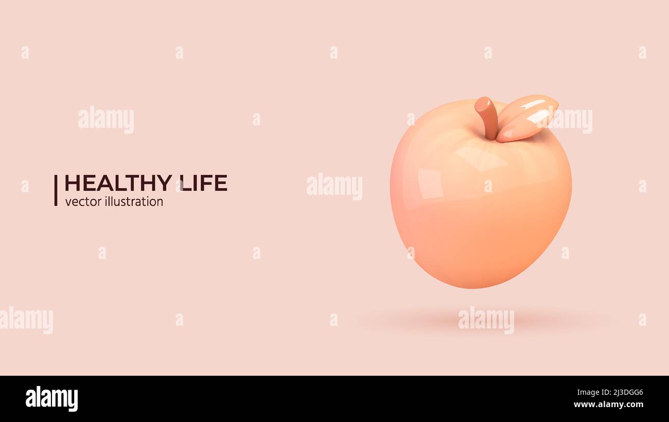 Realistisches Apfelsymbol. Gesundes lyfe-Konzept. Realistischer 3D Render von glänzendem Apfel mit Blatt und Ast. Vektorgrafik Stock Vektor