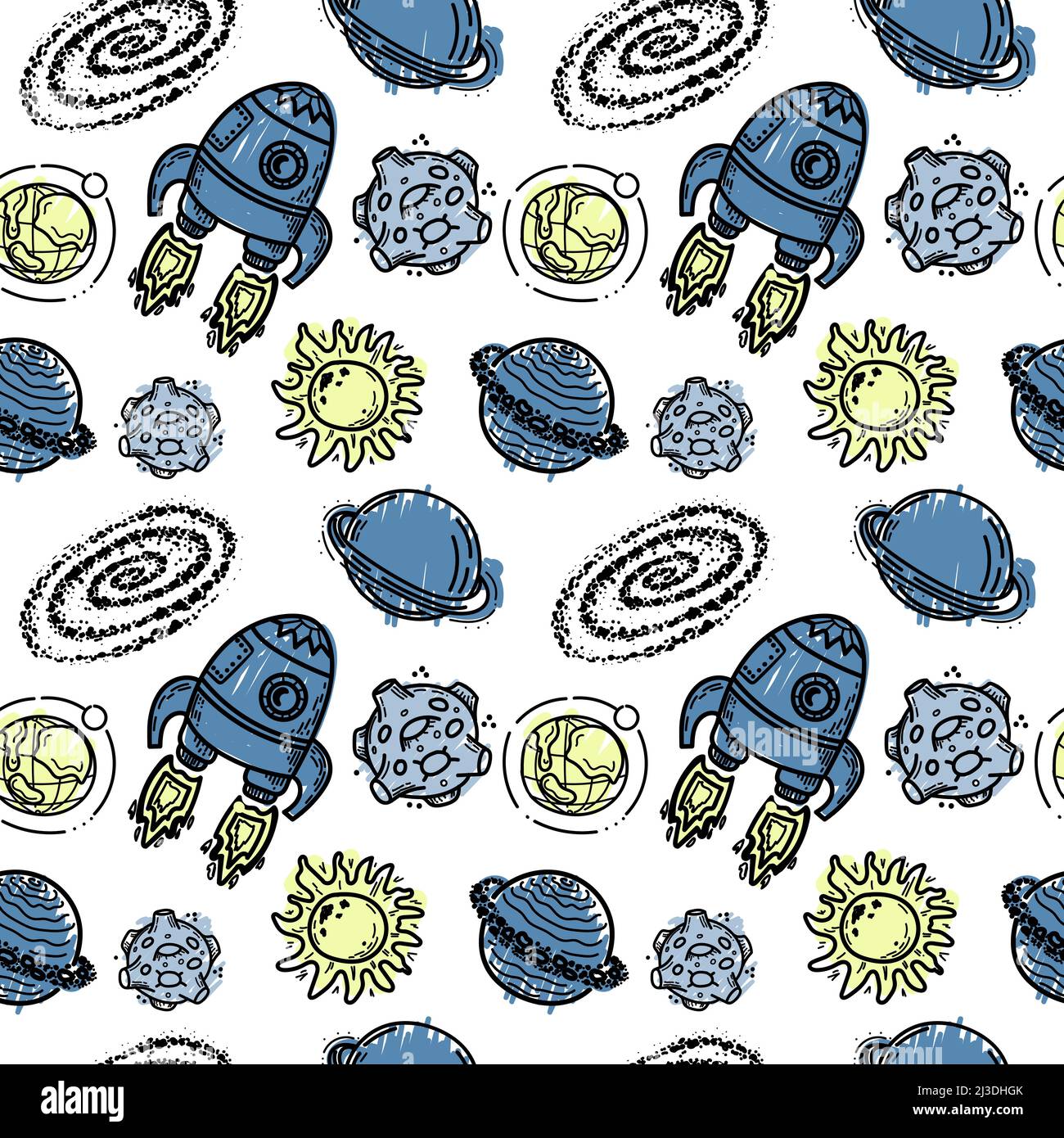Nahtloses Muster von Raketen, Planeten, Kometen, Planeten und Sternen. Vektor im Cartoon-Stil. Sun Stars. Sonnensystem auf weißem Hintergrund. Kann verwendet werden Stock Vektor