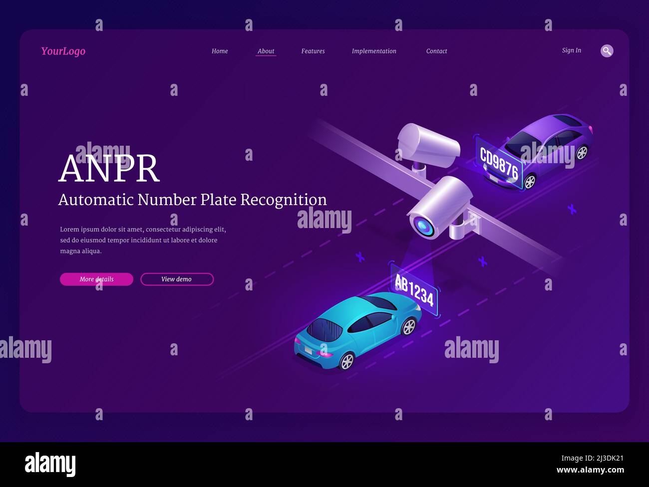 Isometrische Landing Page der ANPR-Technologie. Automatische Erkennung von Nummernschildern, Kfz-Kennzeichen und Geschwindigkeitserkennung. Ortungsradar und Straße tr Stock Vektor