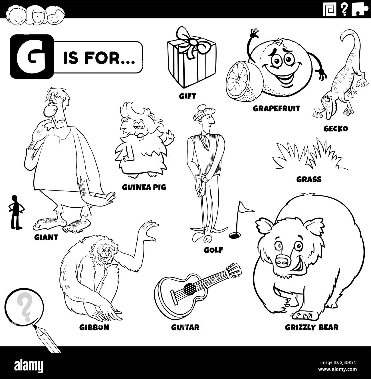 Schwarz-Weiß-Bildungs-Cartoon-Illustration für Kinder mit Comic-Figuren und Objekte für Buchstabe G Malbuch Seite gesetzt Stock Vektor