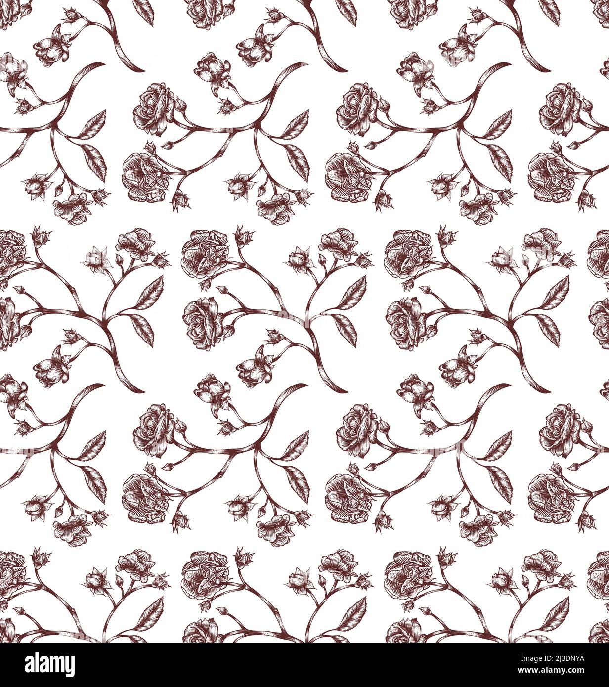 Vektor-Illustration von vintage gravierten Rosenzweigen mit Blättern und Blütenblättern - nahtloses Muster im Retro-Stil mit botanischer Illustration, handgezeichnete cl Stock Vektor