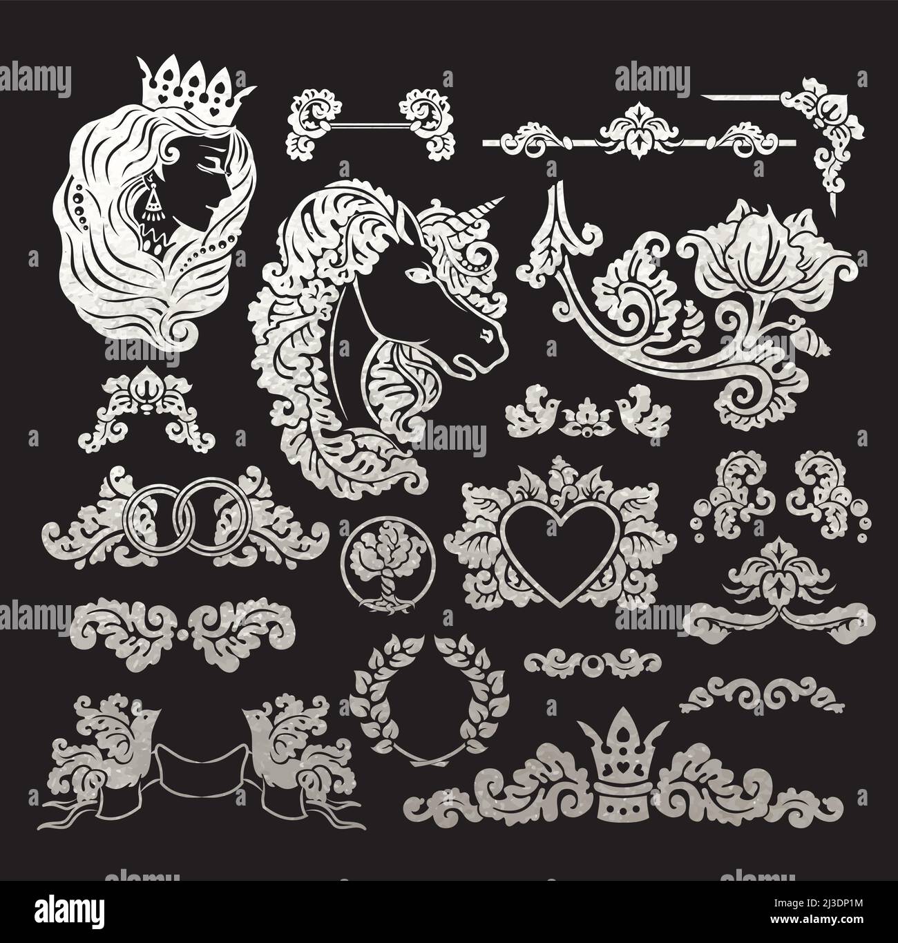 Vector königliche Hochzeitsvignetten im mittelalterlichen Dekorationsstil - Elemente für Vintage-Dekorationsdesign - Embleme aus realistischer Metallic-Seide geschnitten Stock Vektor
