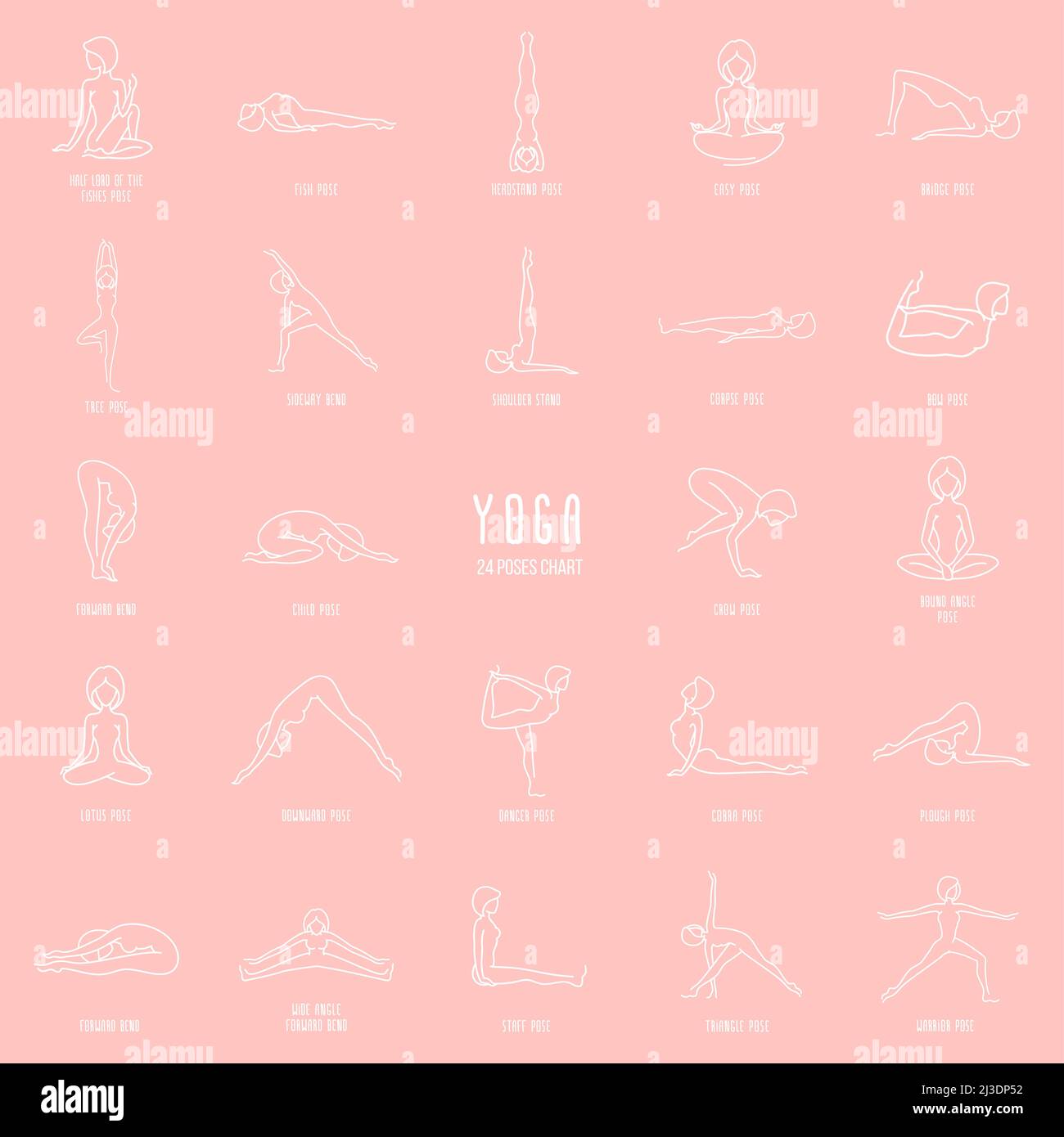 Yoga Pose Linie Symbole gesetzt, einfache Zeichen der Menschen in 24 beliebten Asanas, weiße Umrisse lineart Zeichen isoliert auf rosa Hintergrund - Vektor-Design-Element Stock Vektor