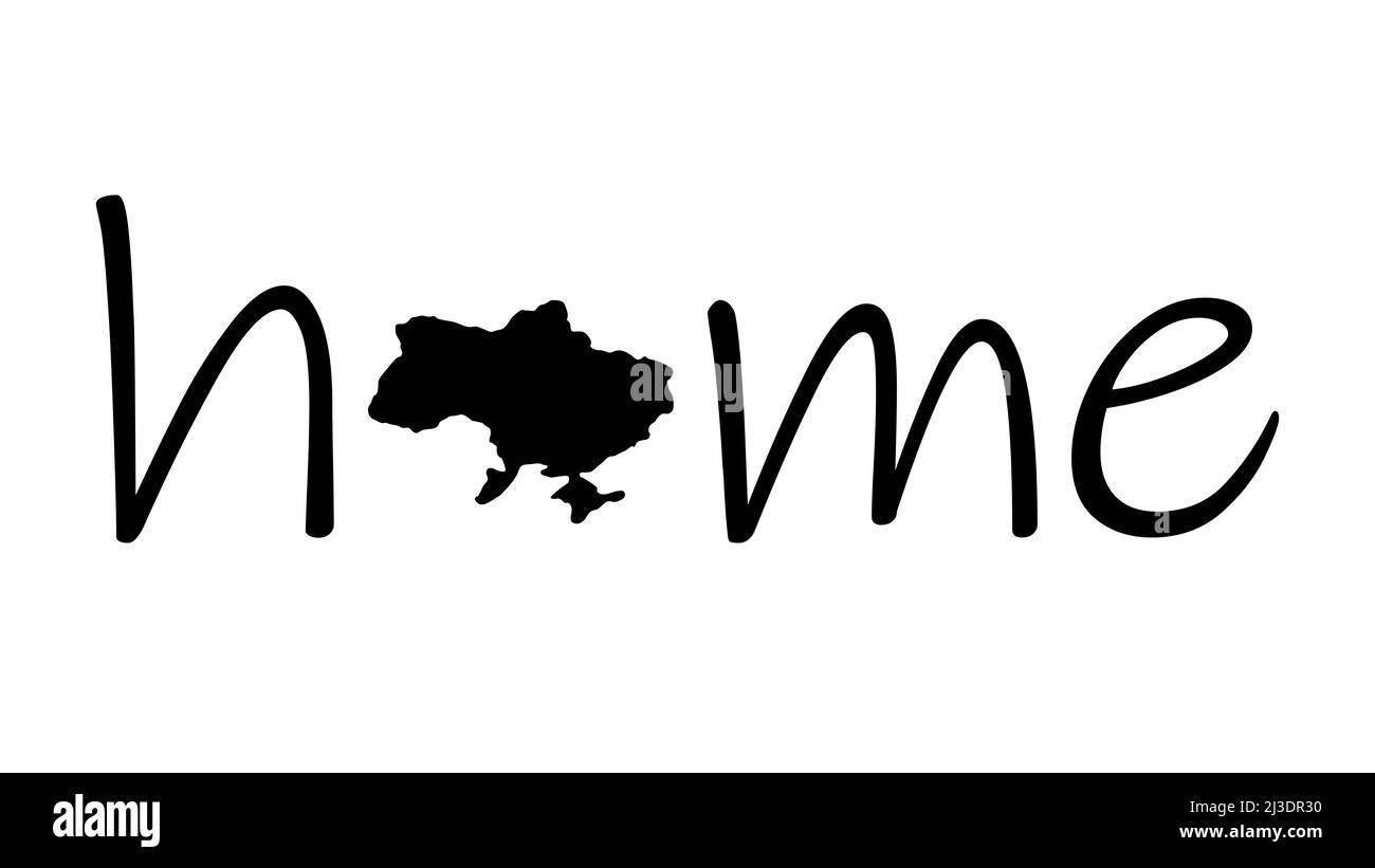 Die Ukraine ist meine Heimat. Kreative Idee für eine Unterschrift, eine Kombination aus dem Wort HAUS und einer Landkarte der UKRAINE. Flacher, minimalistischer Style. Stock Vektor