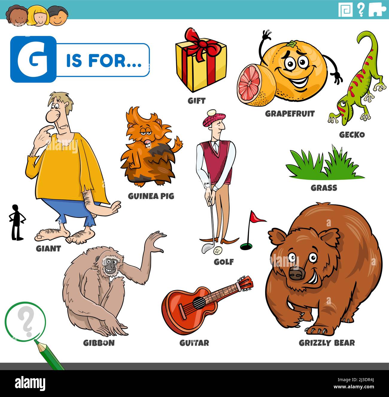 Pädagogische Cartoon-Illustration für Kinder mit Comic-Figuren und Objekte für den Buchstaben G gesetzt Stock Vektor