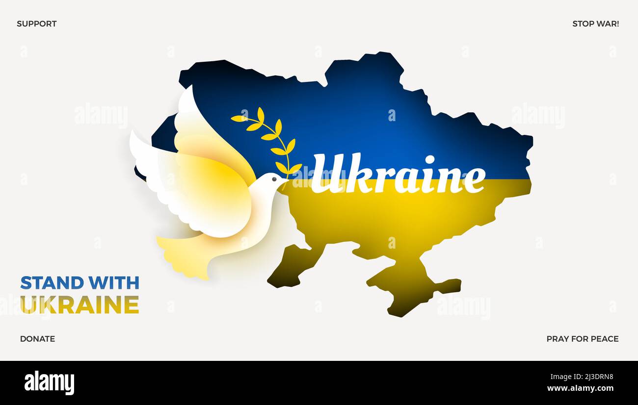 Ukraine Peace Illustration - Ukraine Karte mit einer Taube des Friedens Vektor. Russisches ukrainisches Kriegssymbol. Friedenstaube mit ukrainischer Flagge Stock Vektor