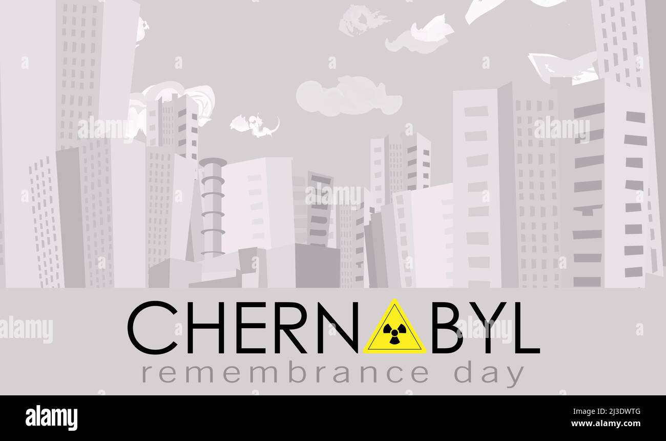 Plakat Tschernobyl. Der 26. April ist der Tag der Erinnerung an die Opfer von Tschernobyl. Die Explosion eines Atomreaktors in der Ukraine. Stadt Pripyat. Gelbe si Stock Vektor