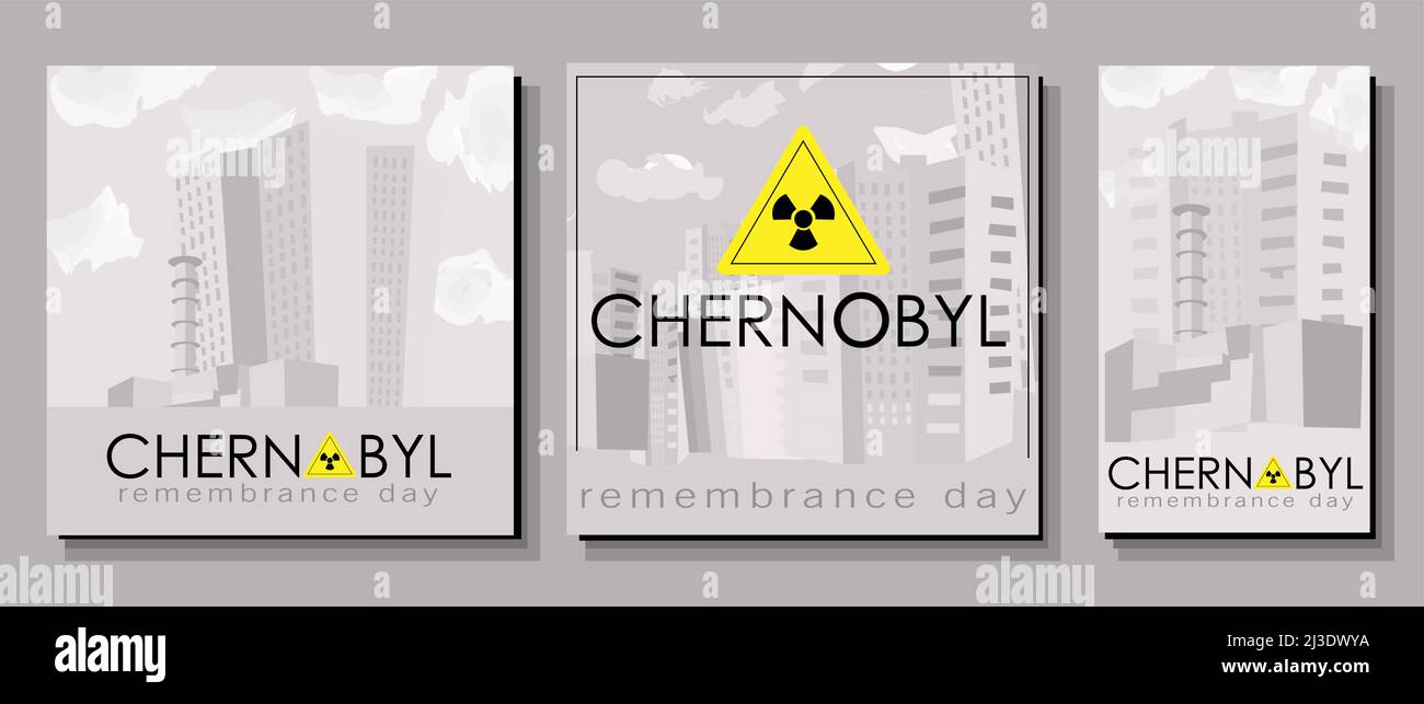 Plakat Tschernobyl. Der 26. April ist der Tag der Erinnerung an die Opfer von Tschernobyl. Die Explosion eines Atomreaktors in der Ukraine. Stadt Pripyat. Gelbe si Stock Vektor