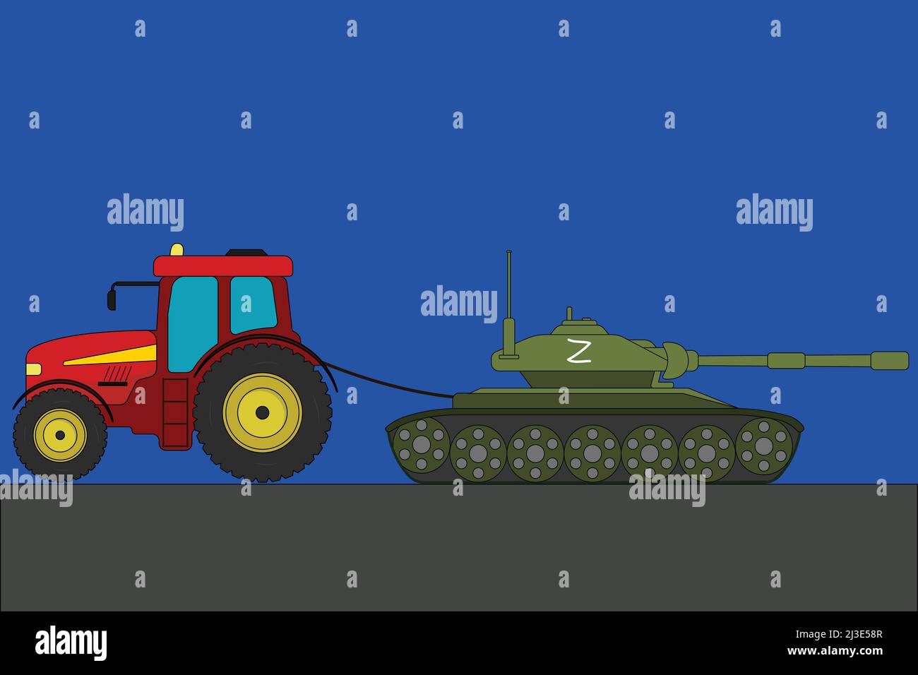 Ukrainischer Traktor schlepper einen russischen Panzer mit einer Z-Symbol-Vektor-Illustration Stock Vektor