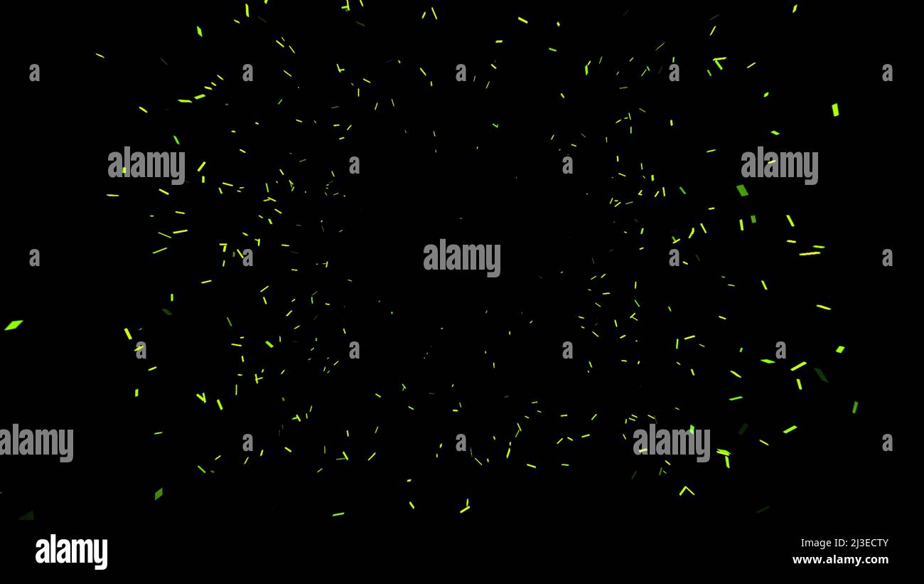 Grün springende kleine Partikel auf schwarzem Hintergrund. Design. Kleine bewegliche grüne Punkte, nahtlose Schleife. Stockfoto