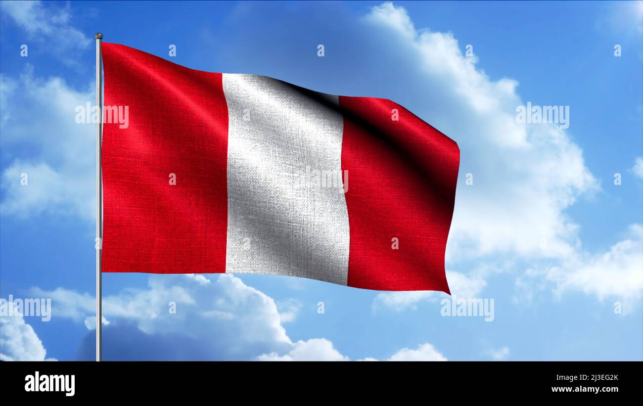 Nahaufnahme einer abstrakten Flagge Perus auf einem Fahnenmast gegen bewölkten Himmel, nahtlose Schleife. Bewegung. Konzept von Patriotismus und nationaler Freiheit. Stockfoto