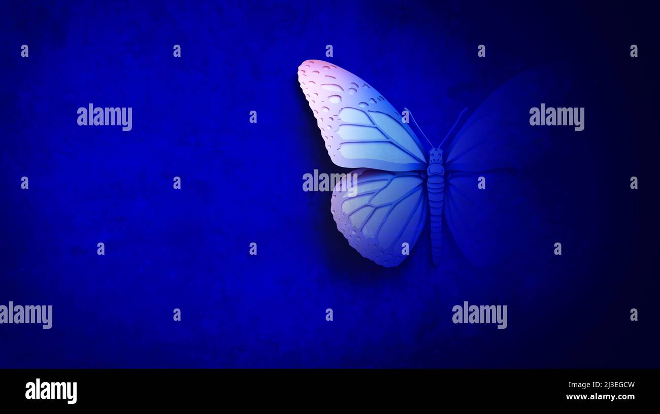 Abstrakt Schmetterling auf blauem Hintergrund als Symbol für Transformation und spirituelle Heilung oder Wiedergeburt in einem Lebenszyklus in einem illustrationsstil von 3D auf w Stockfoto