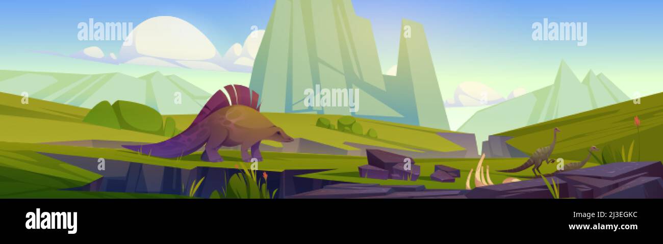 Prähistorische Landschaft mit Dinosauriern, Bergen, grünem Gras und Rissen im Boden nach dem Erdbeben. Sommerszene mit antiken Reptilien im jurassic Or Stock Vektor