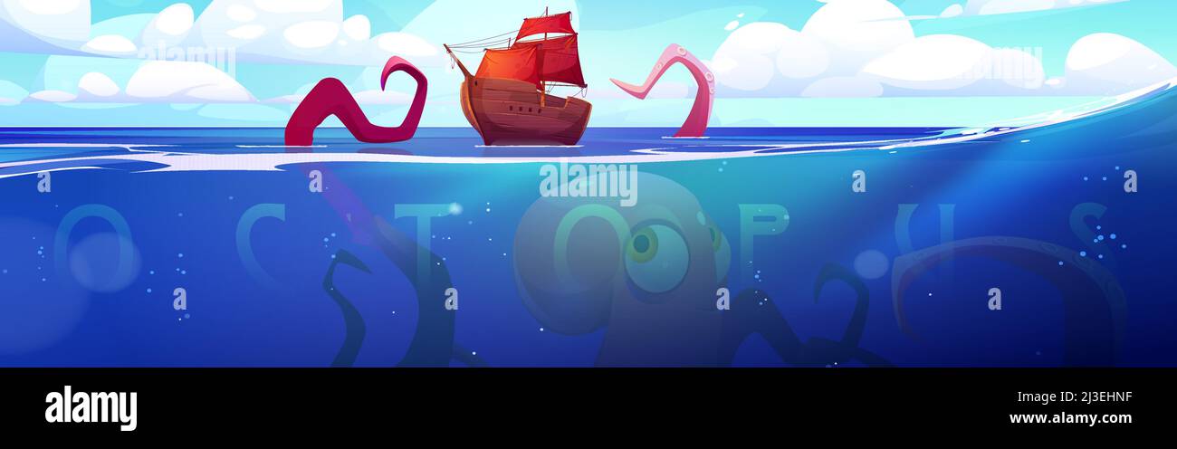 Gigantischer Oktopus, kraken legendäres skandinavisches Folklore-Monster, das versucht, ein Holzschiff, das Tentakeln über die Wasseroberfläche des Ozeans streckt, herunterzufahren Stock Vektor