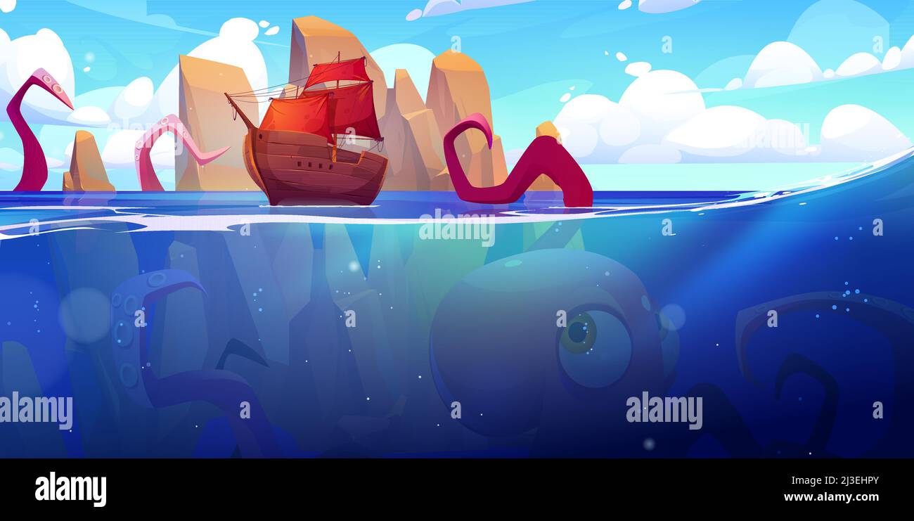 Kraken greift Schiff im Meer an. Vektor-Cartoon-Illustration von großen Kraken mit Tentakeln unter Wasser und Holzschiff mit roten Segeln im Ozean. Giant mari Stock Vektor