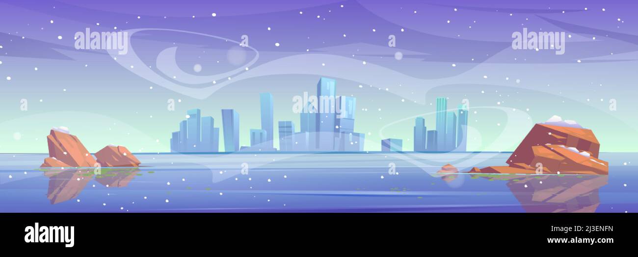 Winterliche Skyline der Stadt an der gefrorenen Bucht am Wasser. Städtisches Stadtbild im Hintergrund, futuristische Metropolarchitektur unter Schneefall. Luxus-Megapolis-Skyscrap Stock Vektor