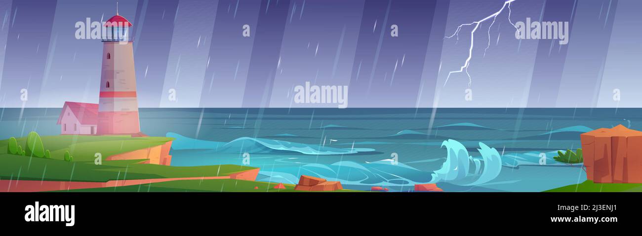 Leuchtturm auf Felsklippe am Meer bei Regen. Vektor-Cartoon-Illustration der Sommerlandschaft der Ozeanküste mit Leuchtfeuer und Gewitter mit Licht Stock Vektor