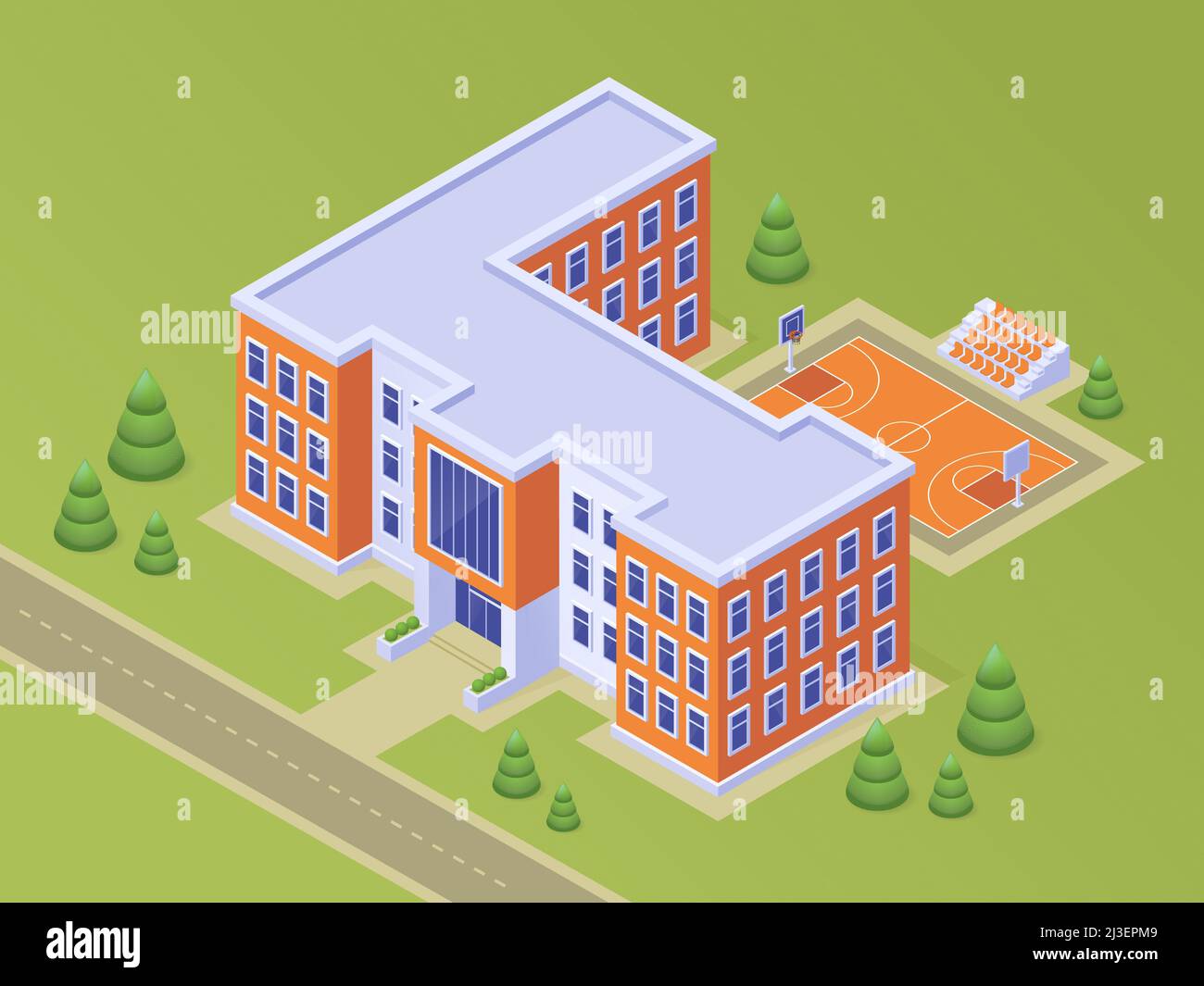 Isometrisches Schul- oder Universitätsgebäude mit Basketballstadion auf Schulhof, Straße, grünem Rasen und Bäumen. Pädagogischer moderner Campus für Studenten, cit Stock Vektor