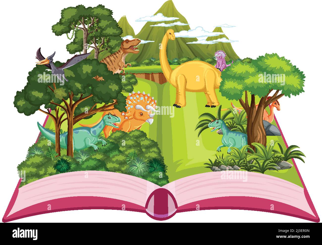 Pop-up-Buch mit Outdoor-Naturszene und Dinosaurier-Illustration Stock Vektor