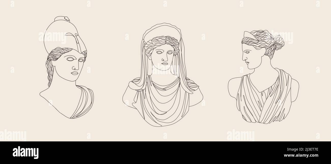 Antike griechische Skulptur. Satz von linearen Göttinnen antiken Statuen. Trendige Vektorgrafik im Stil einer Linie. Handgezeichnete Umrisse weiblich Stock Vektor