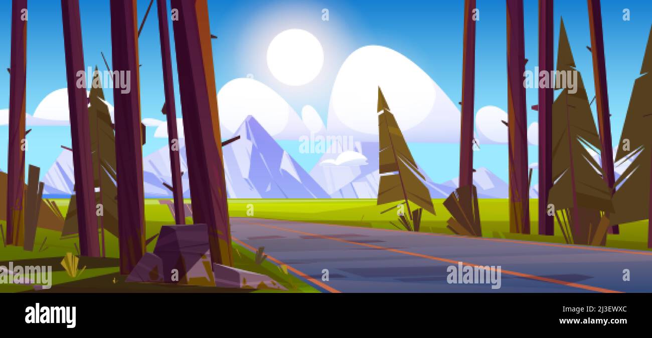 Landschaft mit Straße und Gebirge. Reisen Sie im Sommer oder machen Sie eine Reise durch die ländliche oder ländliche Natur. Sstraight Highway im Nadelwald, adven Stock Vektor