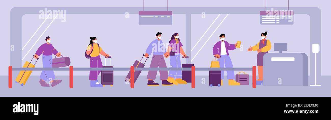 Schlange am Flughafen, Leute warten in der Schlange auf den Check-in für die Registrierung. Passagiere Charaktere in medizinischen Masken bereiten Dokumente für den Passkontrollschalter vor. Stock Vektor