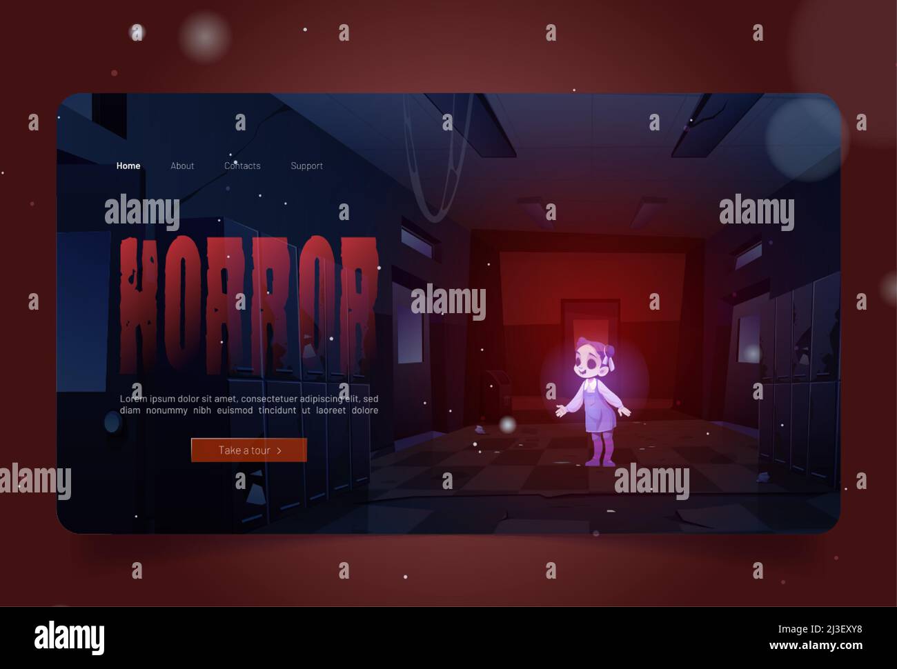 Horror-Banner mit Mädchen Geist in alten schmutzigen Schulflur in der Nacht. Vektor Landing Page von Scary Quest Spiel mit Cartoon-Innenraum des leeren Korridors in Stock Vektor