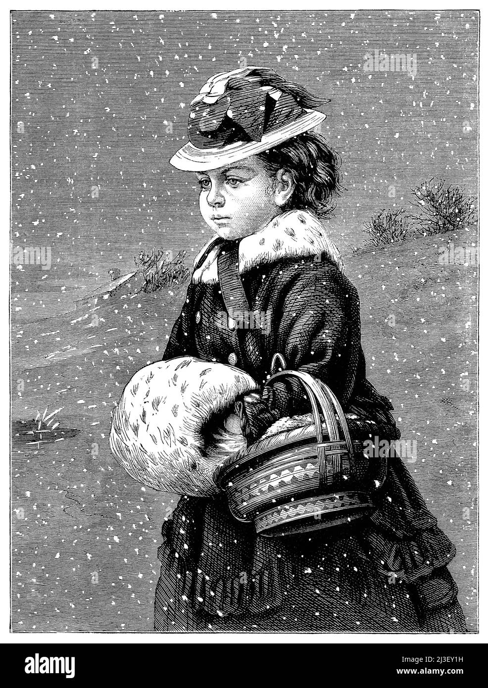 Vintage-Gravur eines viktorianischen Mädchens im Schnee. Stockfoto