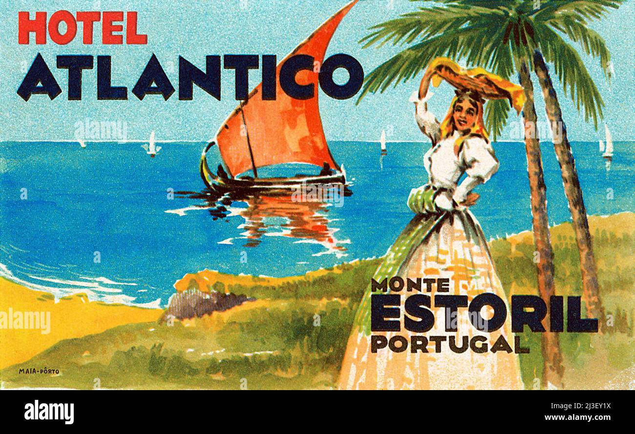 Altes Gepäcketikett für das Hotel Atlantico, Estoril, Portugal. Stockfoto