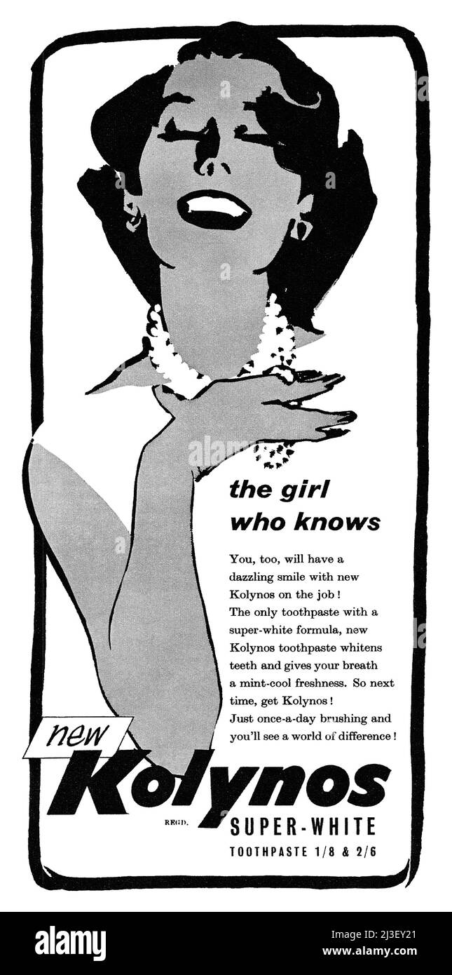1955 Britische Werbung für Kolynos Zahnpasta. Stockfoto