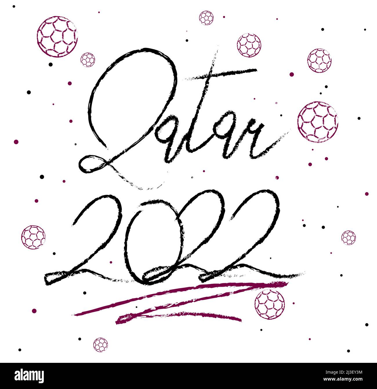 Katar 2022 Karte. Grußkarte zur Weltmeisterschaft. Zerkratzte Kalligraphie. Schwarzes Textwort mit violetten Fußballbällen. Vektorgrafik. Stock Vektor