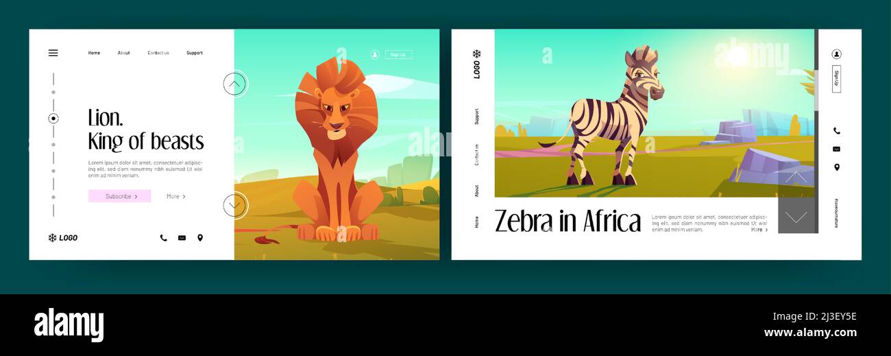 Afrikanische Tierbanner mit Zebra und Löwe in der Savanne. Vektor-Landing-Pages von Safaripark mit Cartoon-Illustration von Wildtieren und Savanna lan Stock Vektor